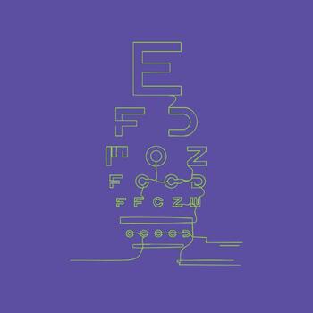 Close-up of a colorful eye chart with various letters and symbols arranged vertically on a purple vector