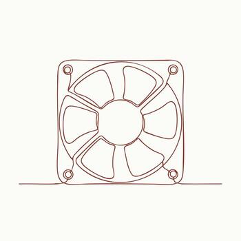 Single-line drawing of a cooling fan with detailed blades and mounting frame, minimalistic style emphasizing technical design vector