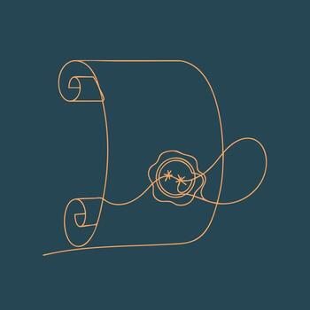 Minimalist line art of a scroll with a wax seal and decorative string on a dark vector