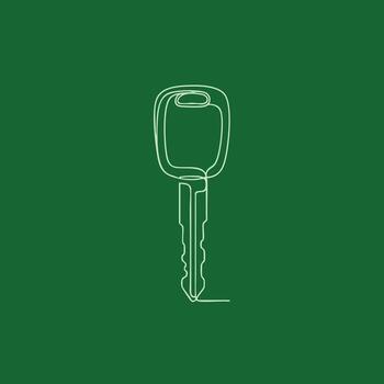 Minimalist line drawing of a car key with a rectangular head and a grooved blade on a solid green vector