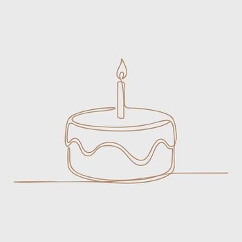 Elegant single-line drawing of a birthday cake with a lit candle on top, minimalistic style with clean lines and simple design vector