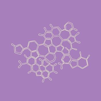 Complex molecular structure with interconnected hexagonal and pentagonal rings on a pastel purple vector