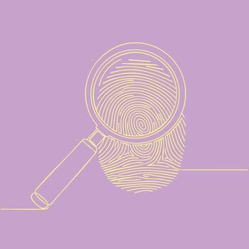 Magnifying glass examining a fingerprint on a purple emphasizing forensics and investigation themes vector