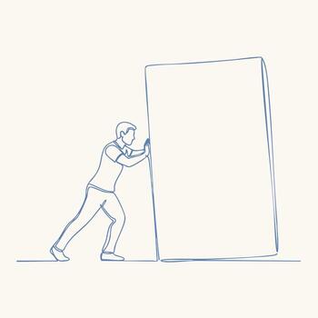 Person pushing a large, upright rectangular object with effort, symbolizing strength or challenge in a minimalistic line art style vector
