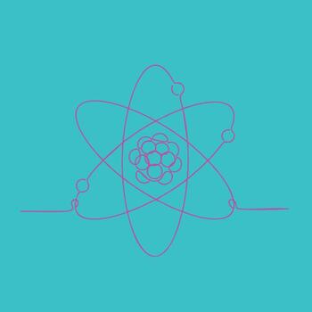 Abstract representation of an atom with orbiting electrons and nucleus on a vibrant blue vector