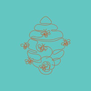 Minimalist Continuous Line Drawing of a Beehive with Bees on a Bright Blue vector