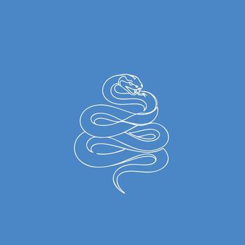 Minimalist Line Drawing of a Coiled Snake with a Menacing Expression on a Solid Blue vector