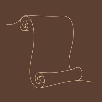 Minimalist continuous line drawing of a scroll or parchment on a solid brown vector