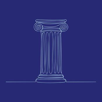 minimalista línea dibujo de un clásico iónico columna con en forma de pergamino capitales en un oscuro azul vector