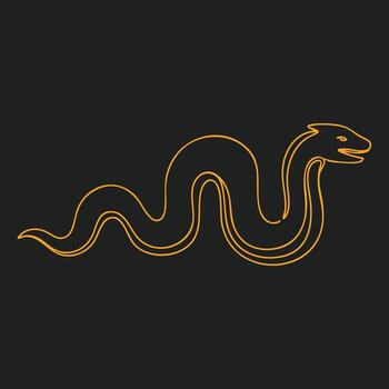 Minimalist neon line art of a snake with a friendly expression on a dark vector