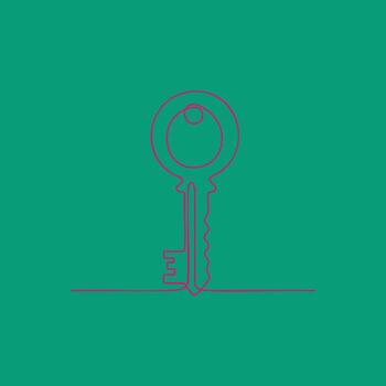 Minimalist line drawing of a key with a circular head and jagged shaft on a solid teal vector
