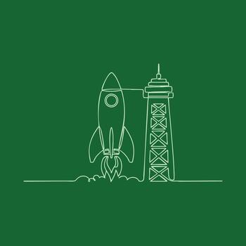 Minimalist Line Drawing of a Rocket Launching Next to a Tall Communication Tower on a Green vector
