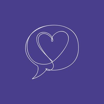 Minimalist continuous line drawing of a heart inside a speech bubble on a solid vector