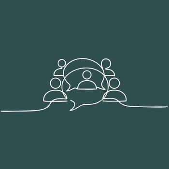 Minimalist Line Art of a Group Discussion with Speech Bubbles and Multiple Participants on a Dark vector