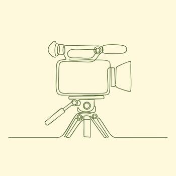 Minimalist line drawing of a professional camera mounted on a tripod with a handle and viewfinder, on a plain vector