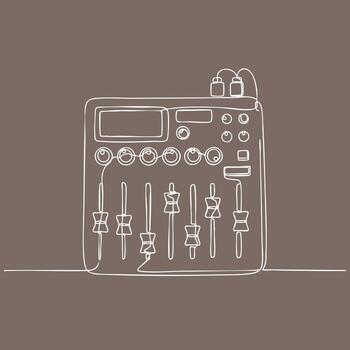Minimalist line drawing of a guitar amplifier with various control knobs and input jacks on a neutral vector
