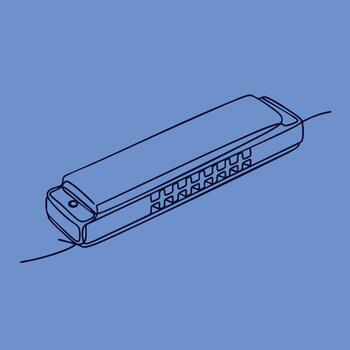 Minimalist Line Drawing of a Harmonica on a Solid Blue with Detailed Keys and Rounded Edges vector