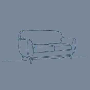 Minimalist single-line drawing of a modern two-seater sofa with rounded armrests and cushions on a muted vector