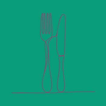 Minimalist Line Drawing of a Fork and Knife Standing Upright on a Flat with a Solid vector