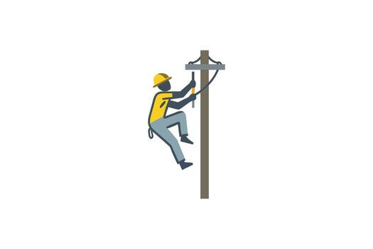 Lineman working on utility pole climbing with tools flat design silhouette vector