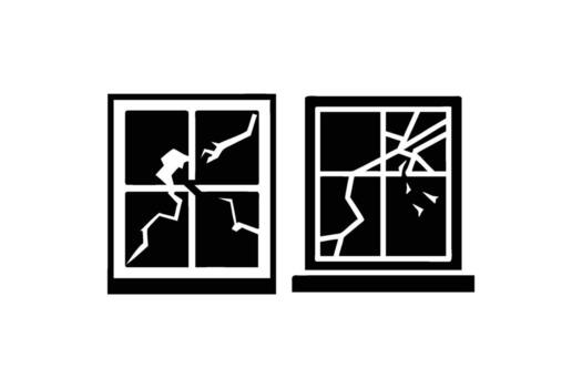 Two windows one intact and one broken displayed in stark silhouette vector
