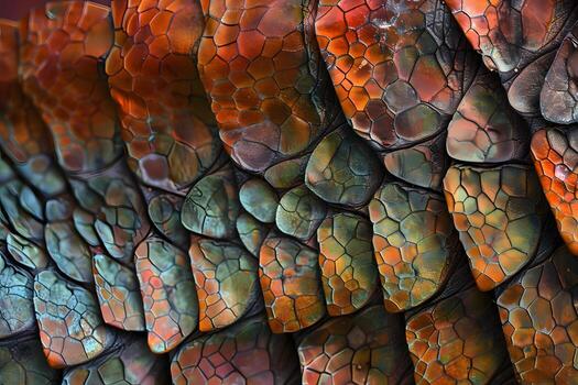 Exploring Intricate Geometric Patterns A CloseUp View of Scaled Textures with Vibrant Hues and Multifaceted Details in an Abstract Art Style, Showcasing Natures Exquisite Design and Complex Structures photo