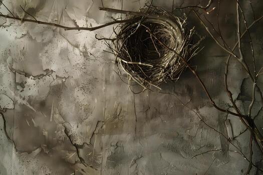 Empty Bird Nest on Weathered Wall Twigs, Branches, and Texture in Abstract Nature Photography, Evoking Feelings of Abandonment and Tranquility. A Serene and Evocative Image. photo
