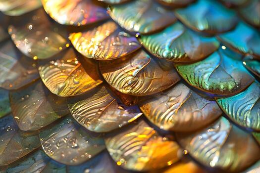 CloseUp View of Iridescent Scales A Detailed Look at the Multicolored, Overlapping, Textured, and Luminous Surface with Shimmering Details, Revealing the Intricate Patterns of Natures Design, an Abstr photo