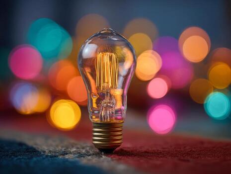 Close-up of a glowing filament light bulb with colorful bokeh lights in the background creating a warm and creative atmosphere photo