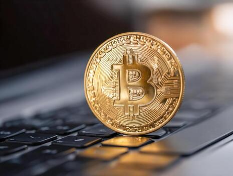 Golden token symbolizing digital cryptocurrency standing upright on a sleek computer keyboard with soft focused background and warm lighting effects photo