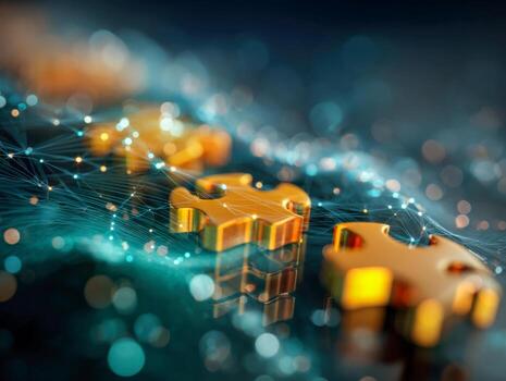 Golden puzzle pieces connected by glowing digital network lines representing modern technology integration and complex interconnected systems in abstract design photo