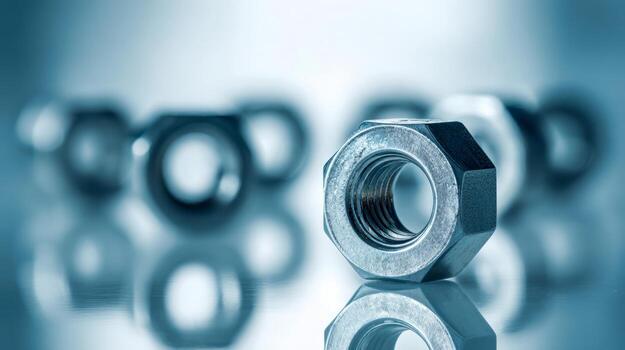 de cerca ver de metálico nueces arreglado en un reflexivo superficie, destacando su enhebrar y industrial diseño en un profesional técnico ajuste foto