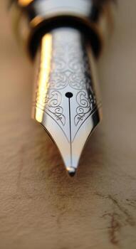 Close up macro shot of a gleaming silver fountain pen nib with intricate engraved patterns resting on aged paper photo