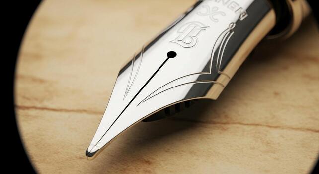 Close up macro view of a polished silver fountain pen nib with intricate engravings on a textured parchment background photo