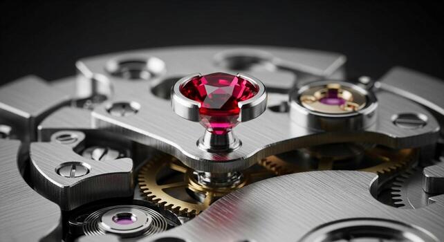 Intricate macro view of a watch movement s ruby jewel and precision gears showcasing mechanical engineering photo