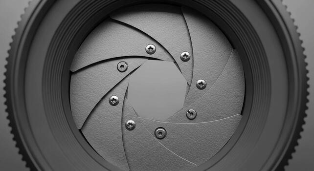 Intricate mechanical aperture blades form a circular pattern with visible screws in a close up grayscale photograph photo