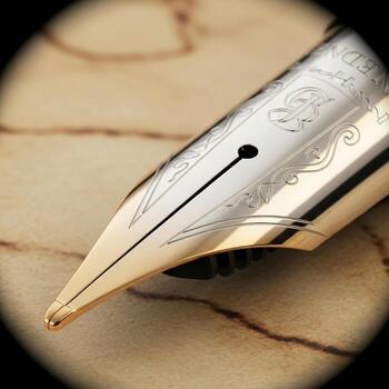 Close up macro view of a finely crafted gold and silver fountain pen nib with intricate detailing on a textured background photo
