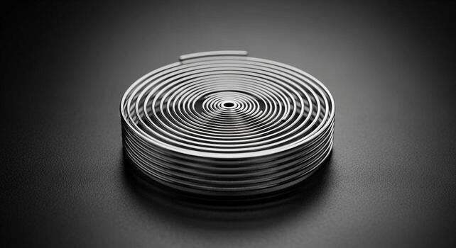 Close up of a tightly wound metal spring showcasing intricate circular patterns and metallic texture on a dark background photo