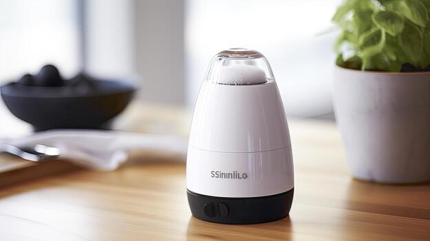 A white and black blender sitting on a table photo