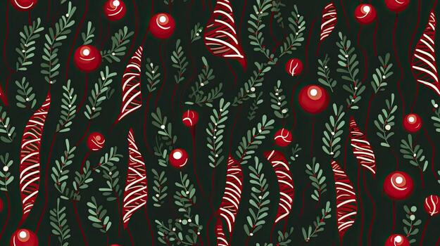 A pattern with red berries and leaves on black photo