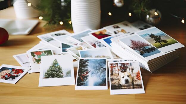 A table with many photos and a christmas tree