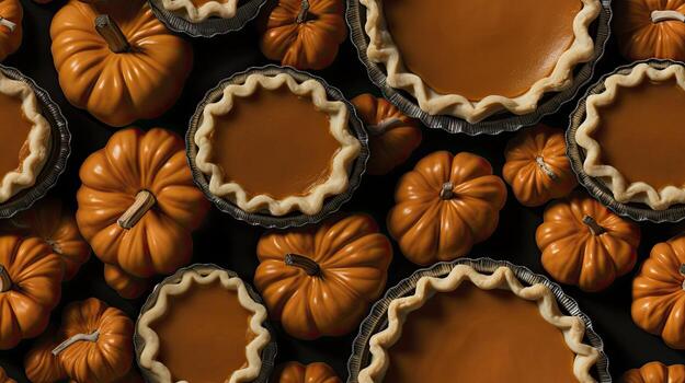 A group of pumpkin pies are arranged in a pattern photo