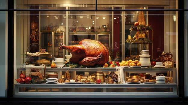 A large turkey is displayed in a window photo