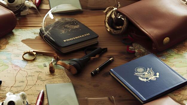A map, passport, and other items on a table photo