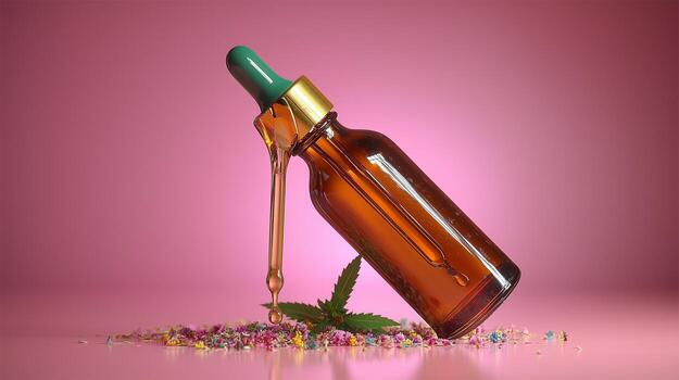 Cbd oil drops on pink background 3d rendering photo