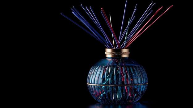 A blue vase with red and blue sticks in it photo