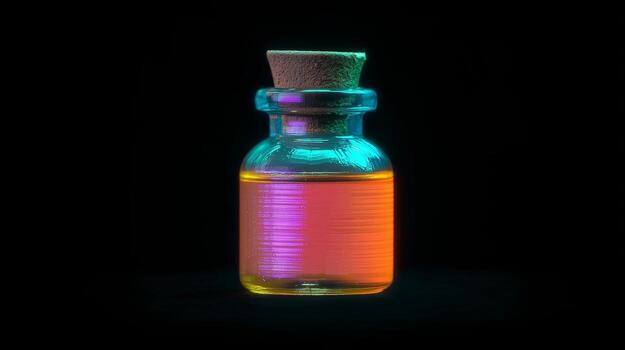 A bottle of liquid with a rainbow colored liquid inside photo