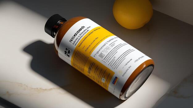 A bottle of vitamin c is sitting on a marble counter photo