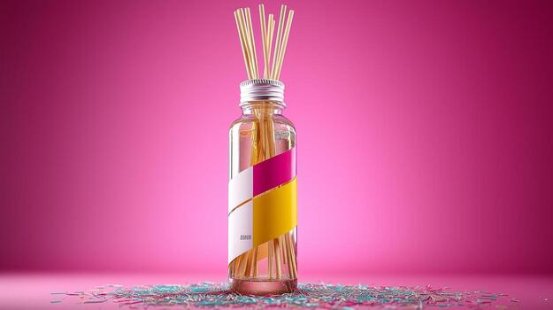 A bottle of perfume with a colorful striped design photo