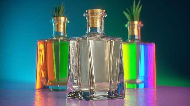 Three bottles of liquor on a table photo